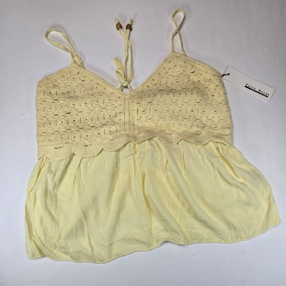Haute Monde Womens XL Yellow Crochet Eyelet Boho Peplum Cami Top NWT